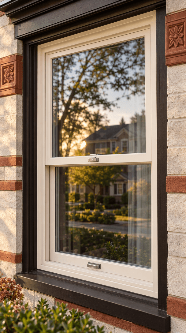 Illustrative generated detail of an exterior window and trim; not a record of completed Mezini work.